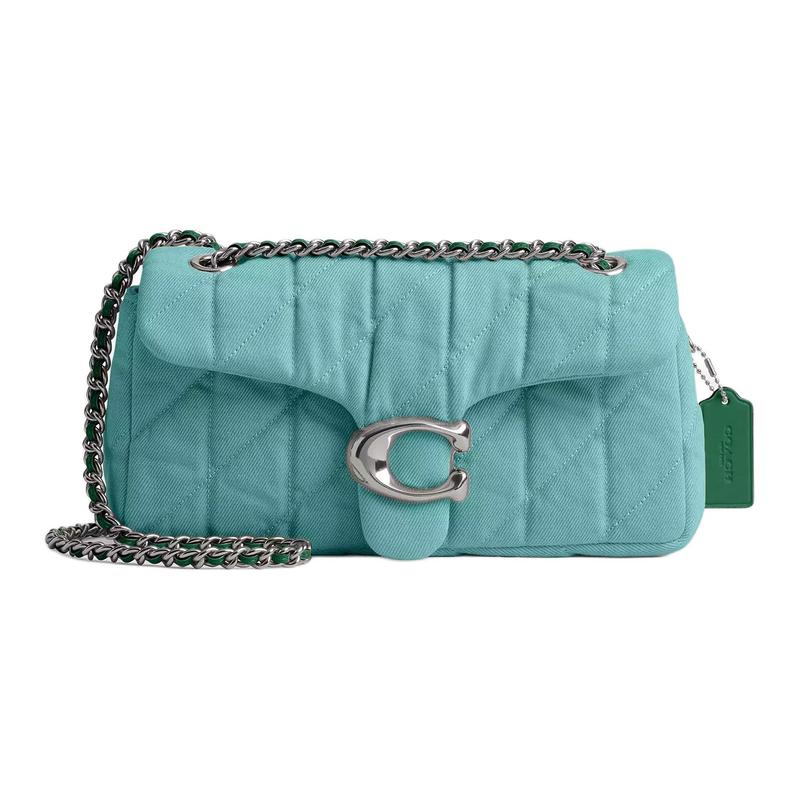 Coach Полосатый 26 Логотип Классическая Стеганая Джинсовая Сумка Через Плечо Средняя Женская Синяя