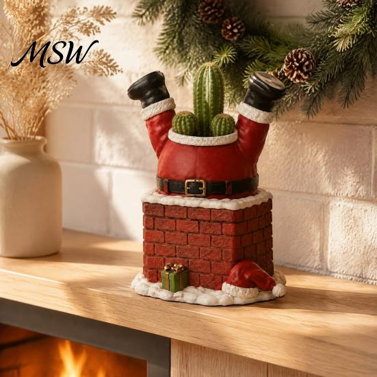 Santa Claus Garden Decor in Smokestack Flower Pot Ornament, Resin Decorative Plant Durable Succulent Planter Container, Small for Holiday Tabletop