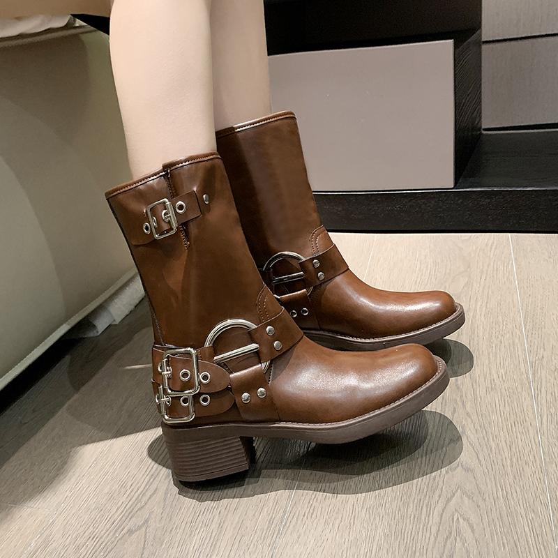 2024 Новые женские сапоги на высоком каблуке с металлической пряжкой, коричневые сапоги в стиле ретро с круглым носком и пряжкой, сапоги до колена, туфли на платформе