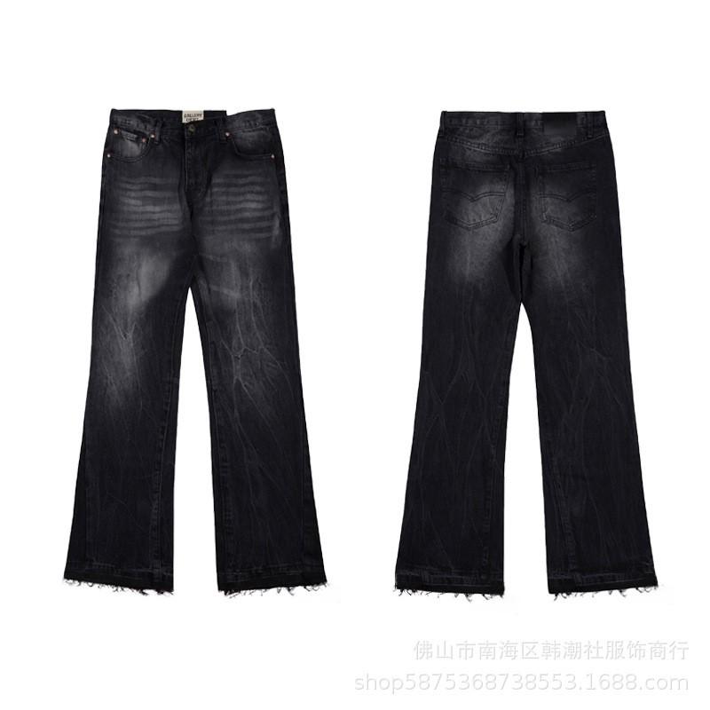 High-Quality Washed Denim Jeans Men Women Slim Flare Leg Black Blue Color Block Mid-Rise Cotton Blend
