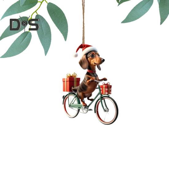 Украшения для рождественской елки, реалистичный щенок, едущий на велосипеде, подвеска, 2D, плоская, с двойной печатью, акриловое подвесное украшение для елки, домашний декор