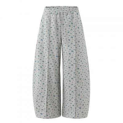 Unisex Cotton Wide Leg Cropped Pants With Floral Print Loose Fit Casual Trousers