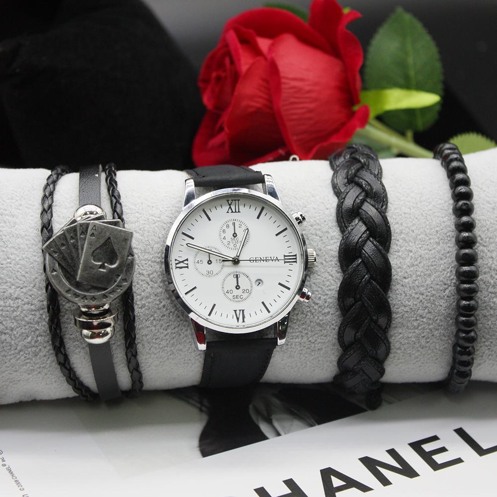 Набор из 5 предметов Мужские повседневные спортивные часы с круглым циферблатомМужские классические часы с браслетом в коробке для занятий спортом на открытом воздухе