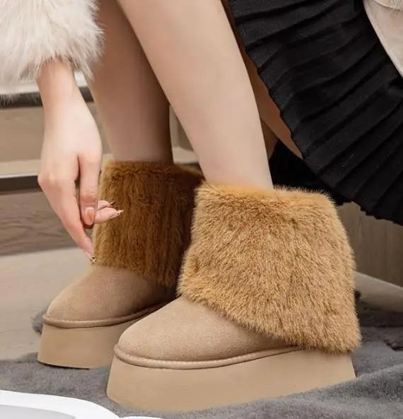 Мода 11 см Коровья кожа Плоские Осенние Женские Мотоциклетные Полусапожки на Платформе Модные Зимние Теплые Плюшевые С отворотом Снежные Сапоги