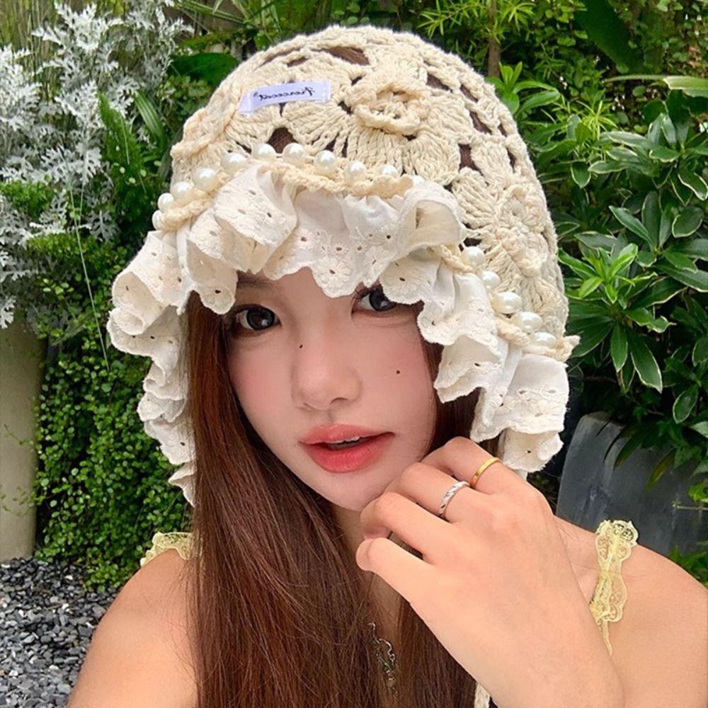 Hollow Out Lace Beanies Pearl Tassels Knit Cap Casual Crochet Flower Knitted Hat Girls