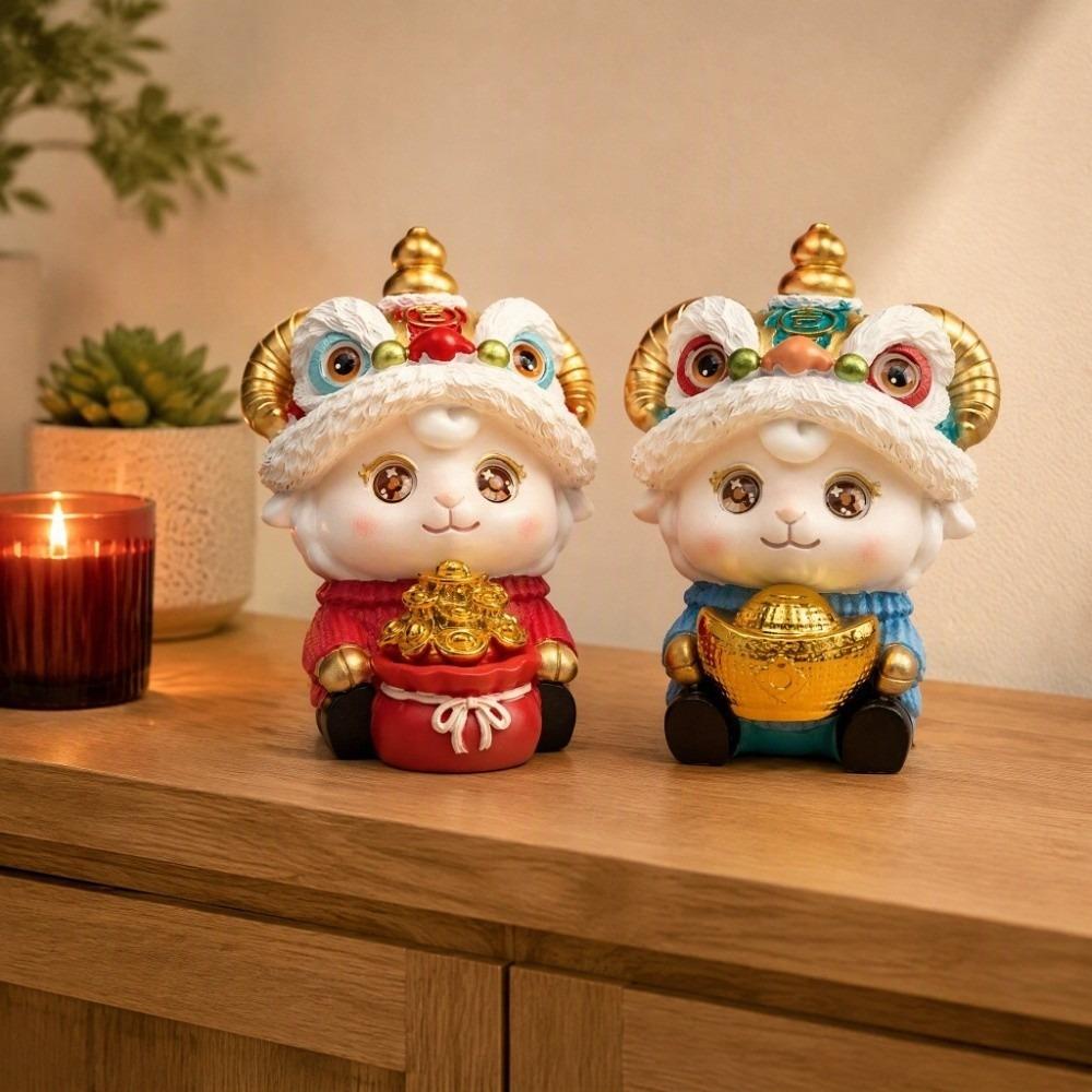 Gold Ingot Lion Dance Sheep Figurine Cute Resin Ornament Wealth Zodiac Sheep Statue New Year
