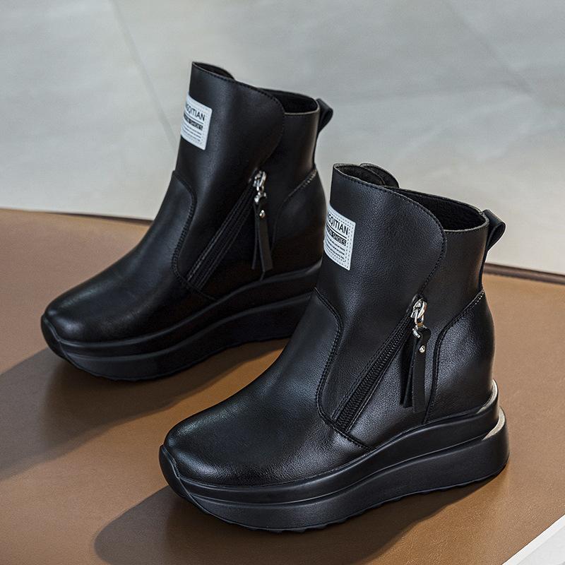 Genuine Leather Shoes Women Fashion Boots 9cm Height Increasing Shoes Flat Platform Ladies Ankle Boots Black Beige