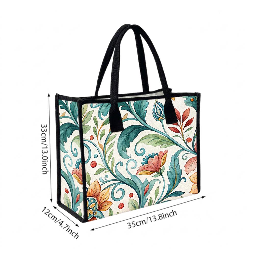 Vintage Floral Print Tote Bag for Women Casual Portable Large Capacity Daily Use Shopping Shoulder Handbag