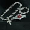 Trendy Zinc Alloy Cross Watch Set Gold Plated Link Chain Necklace Bracelet Hip-Hop Style Unisex All-Match Jewelry Featuring
