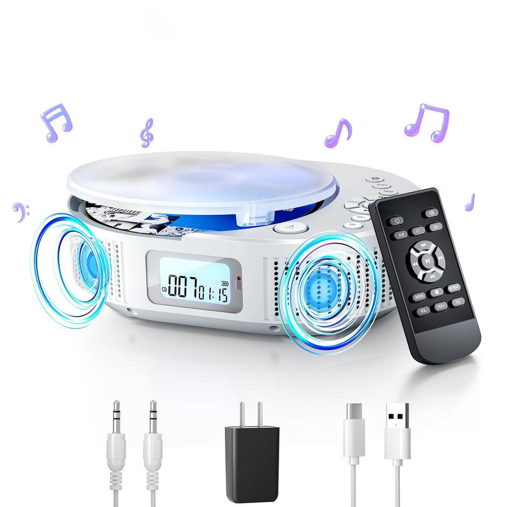 FELEMAN Portable CD Player with Built-in Bluetooth Speaker, 2000mAh Rechargeable Battery, CD Radio, Timed Off Function, LED Display, Dustproof Clear