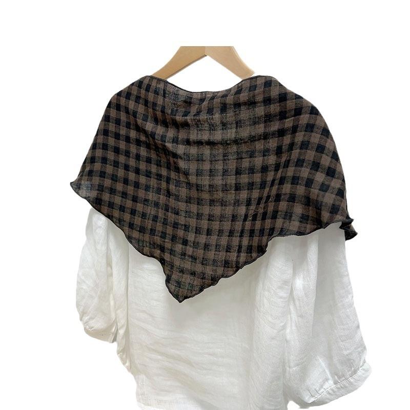 Japanese Retro Double-sided Brown Checkered Cotton Scarf Versatile Autumn and Winter Shawl Women's Triangle Scarves