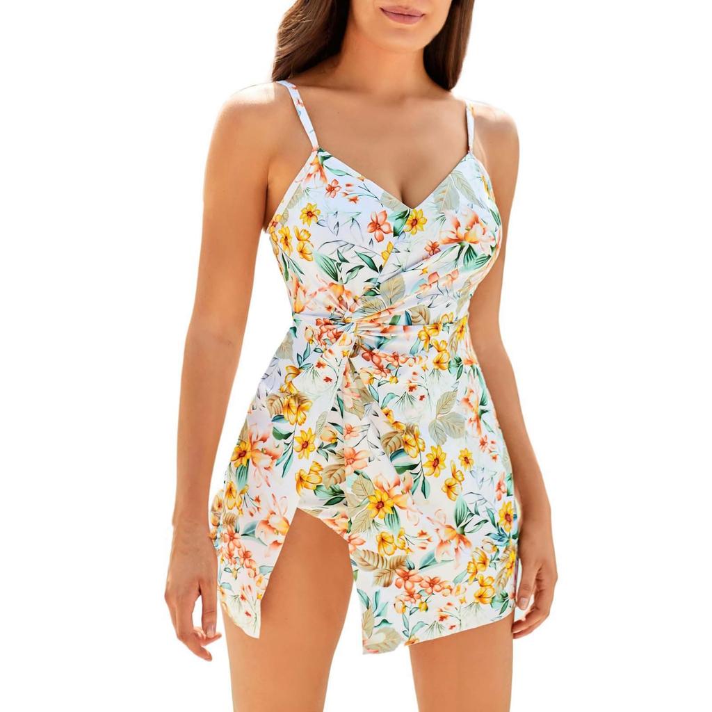 Женское повседневное цельное платье бикини с цветочным принтом купальник платье купальник