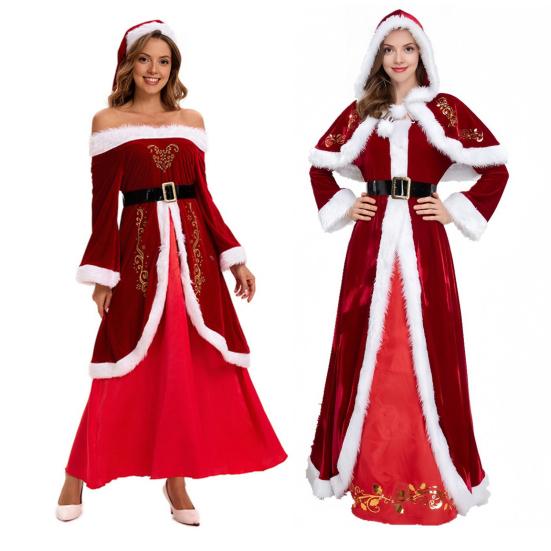 Mrs. Claus Costume Santa Dress with for Women Adult Christmas White Faux Fur Trim