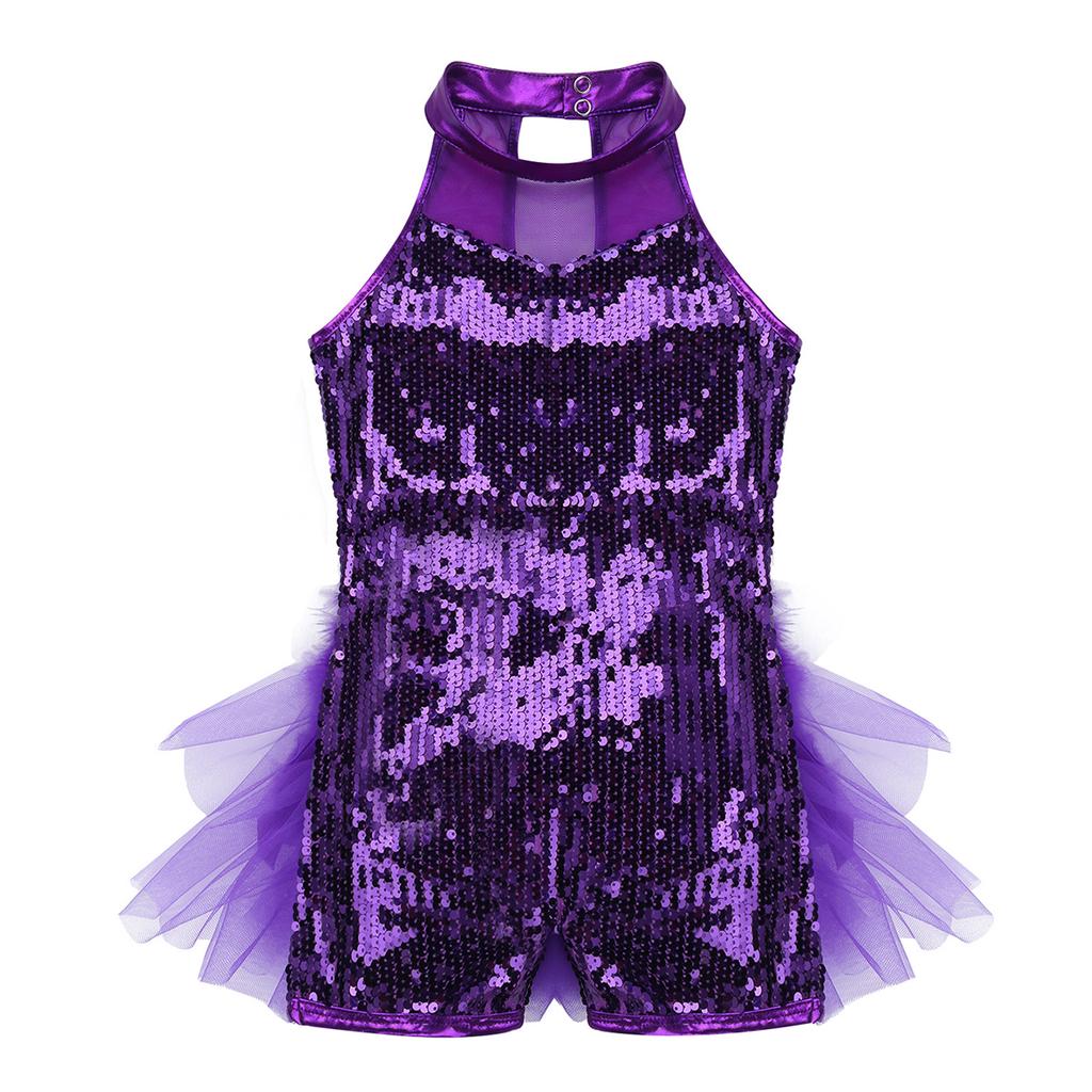 Girls Sequins Jazz Latin Ballet Dance Costume Kids Sleeveless Mock Neck Leotard Jumpsuit Dancewear