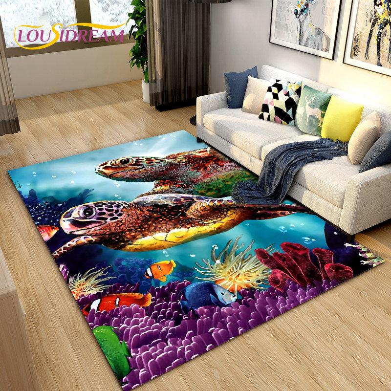Подводный мир Морское дно Рыба Дельфин Коврик Большой, Коврик для гостиной Спальня Диван Коврик Кухня, Нескользящий напольный коврик