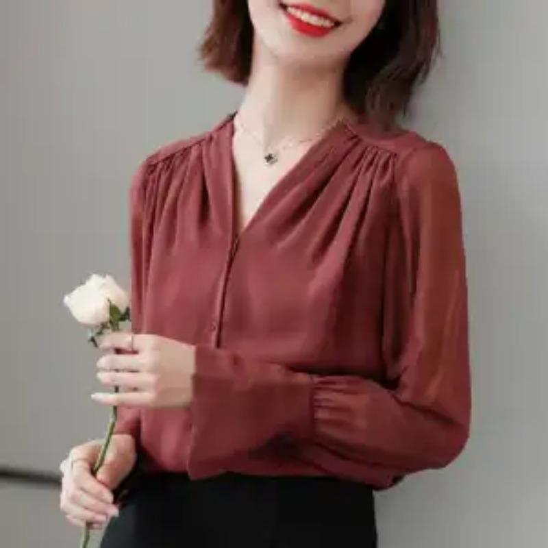 Women's Clothing Chiffon Blouse Spring Fall V-Neck Long Sleeve Slim Fit Retro Minimalist Elegant Feminine Office Chic Solid