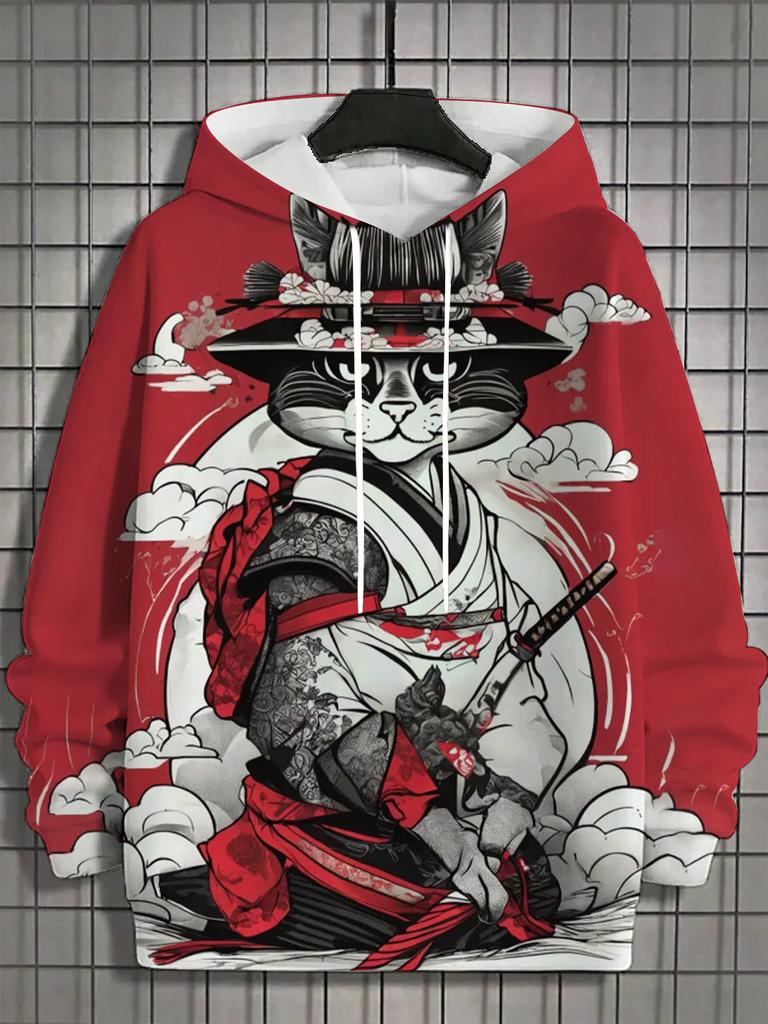 Осень и зима Новая мужская толстовка с капюшоном с 3D принтом во весь рост и принтом японского самурая и котенка унисекс повседневная модная мужская толстовка с капюшоном