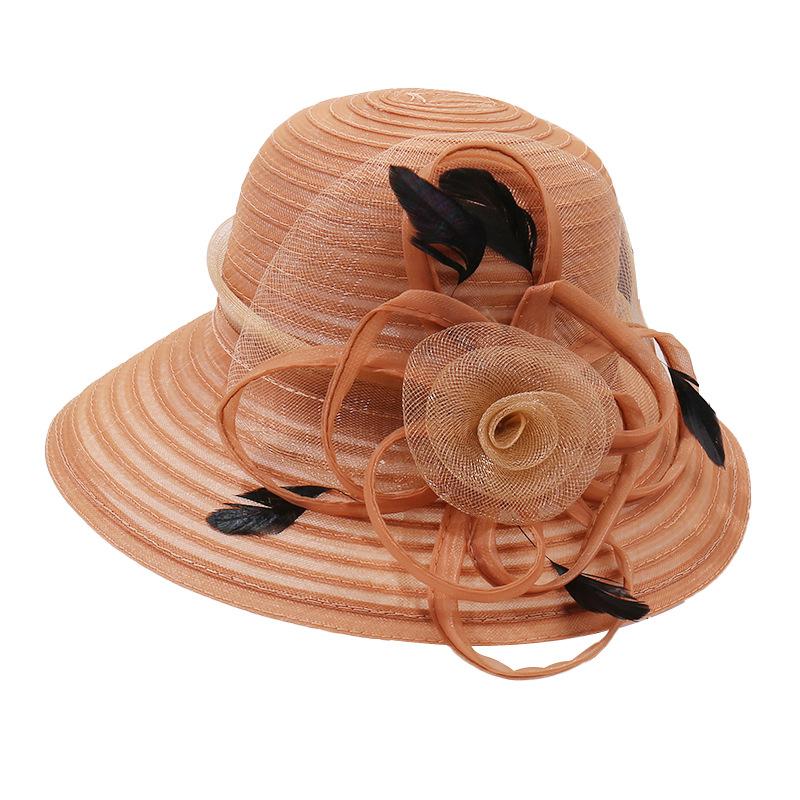 Spring and summer women's new big flower feather decoration middle-aged and elderly mother mesh gauze hat outdoor shading elegant hat