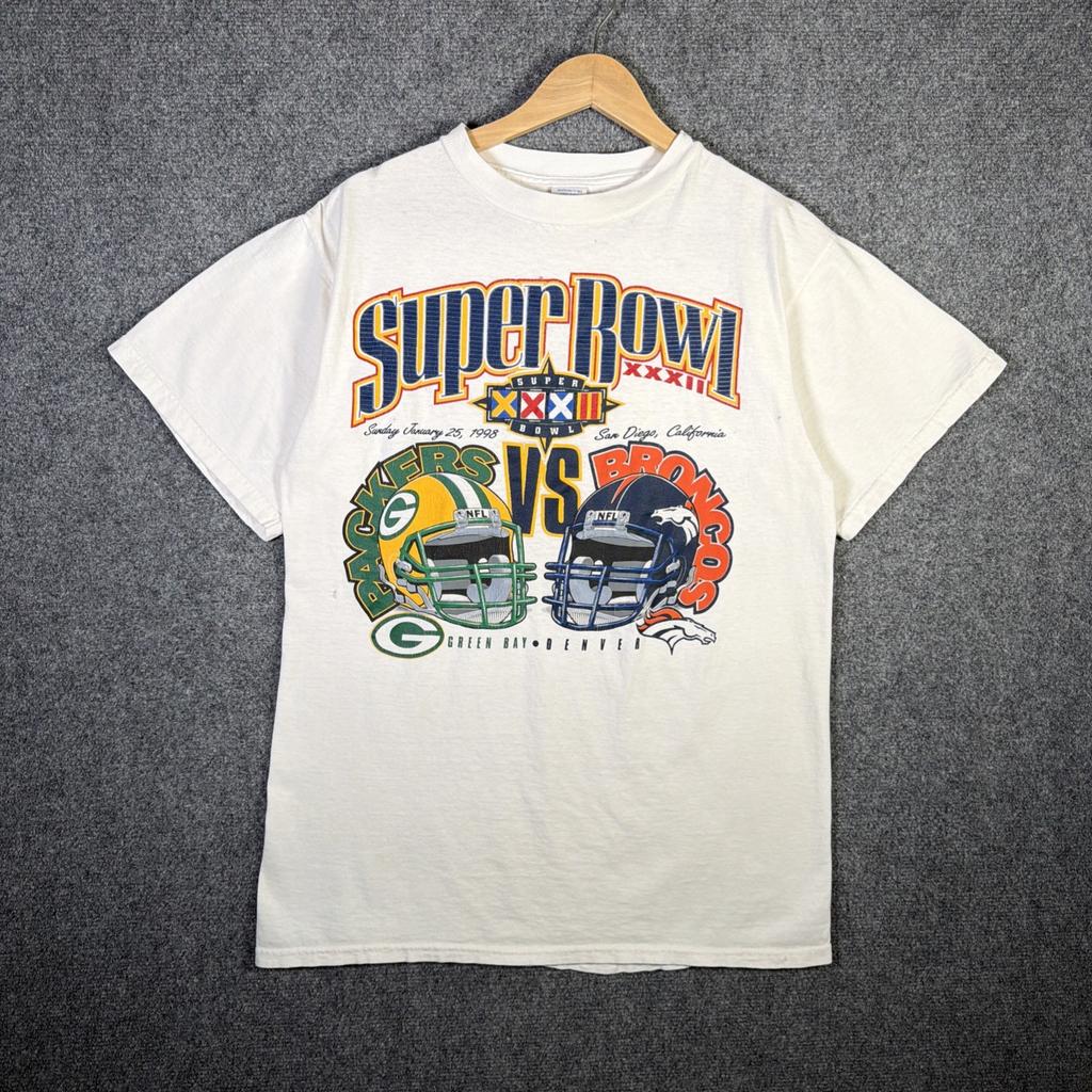Vintage Super Bowl XXXII Shirt Mens Medium White 90s Packers Broncos NFL 1998