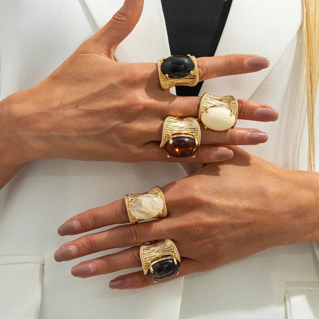 Salircon Exaggerated Vintage Elegant Black Brown Resin Acrylic Stone Chunky Metal Ring for Women Elegant Jewelry Gift 2026 New