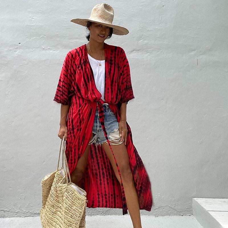 Бикини, женское пляжное кимоно с принтом тай-дай, купальник, накидка, летние платья с поясом и запахом, праздничные купальные костюмы