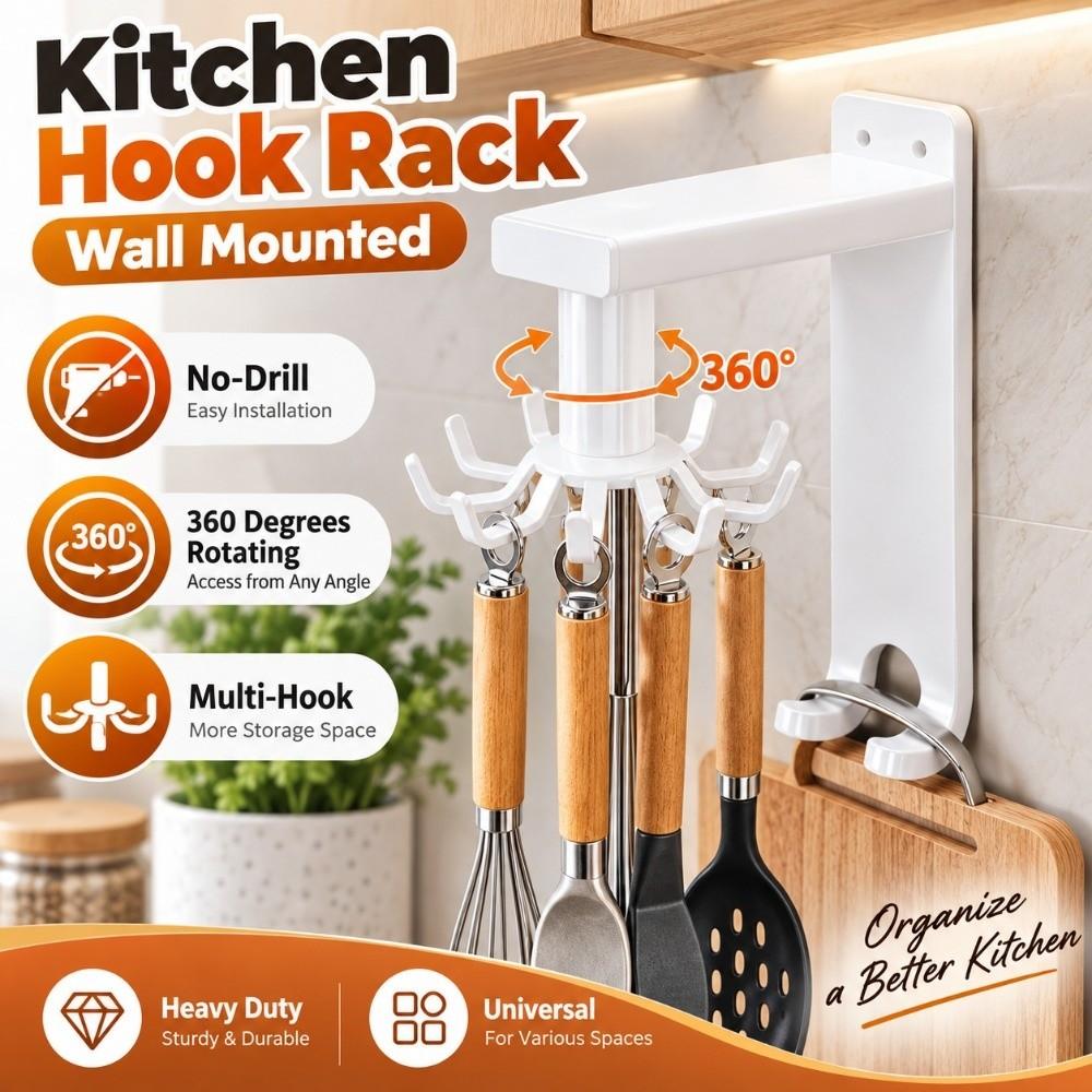 360 Degrees Rotating Kitchen Hook Rack Wall Mounted Kitchen Storage Rack Utensil Organizer Home