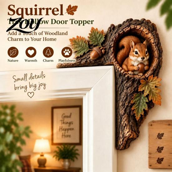 Indoor Door Frame Peeping Decor 2Pcs Tree Hollow and Animal Wooden Topper, Rustic Forest Style Decorative Wood Crafts Corner Decor, 2D Flat