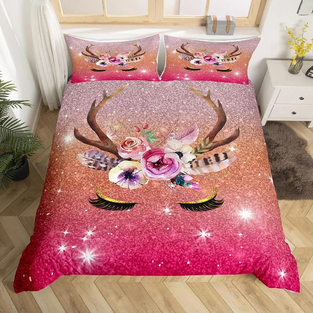 Unicorn Eyelas Duvet Cover Gradient Red and Purple Rainbow Golden Long Lashes Glittering Polyester Bedroom Decorations Women Kid