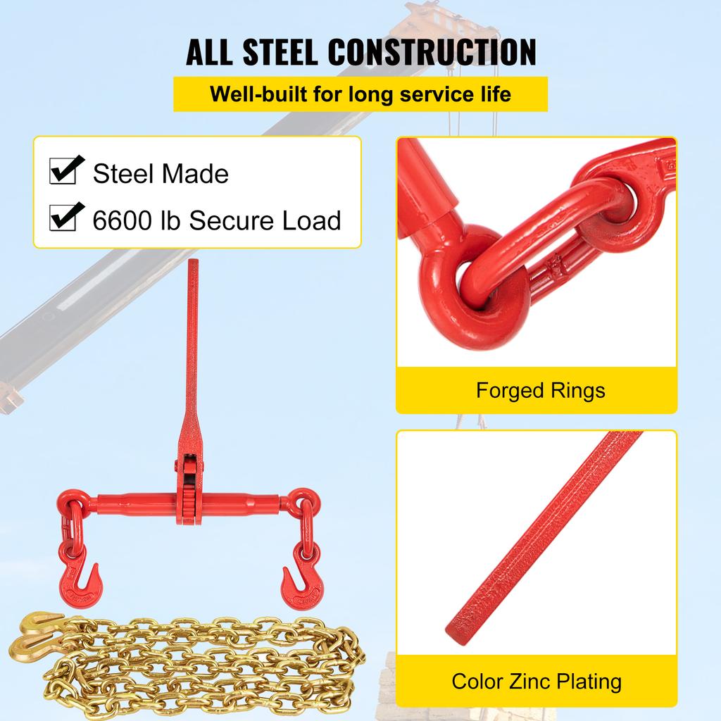SucceBuy 4Pcs Chain Load Binder 5/16" Tie Down Kit with 5400LBS Working Capacity & 2 Grab Hooks Transport  for Package Towing