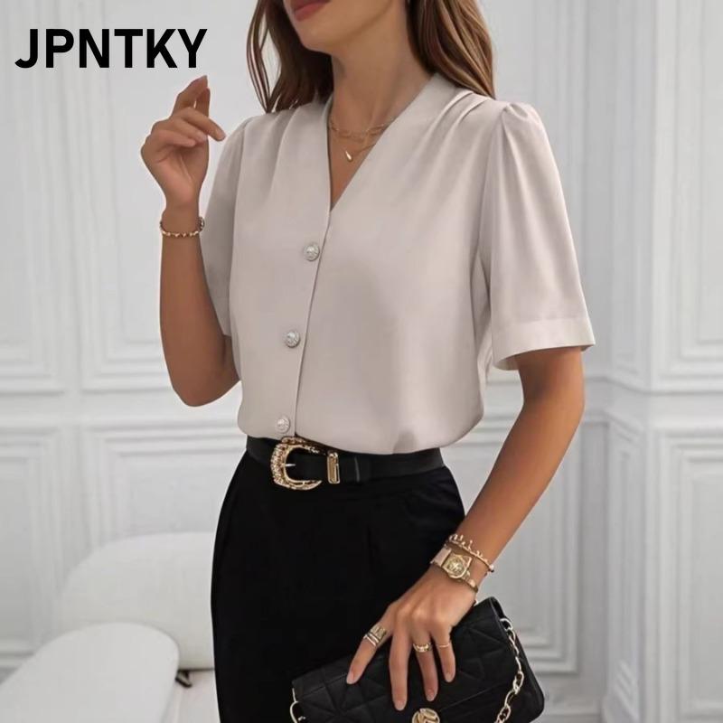 Женские модные повседневные блузки и рубашки JPNTKY с коротким рукавом и V-образным вырезом