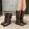 Sheepskin Version~ Inner Height Increase of 6cm~ Fashionable Belt Buckle Long Boots Square Round Head Pleated Medium Tube Knight Boots Women's Autumn