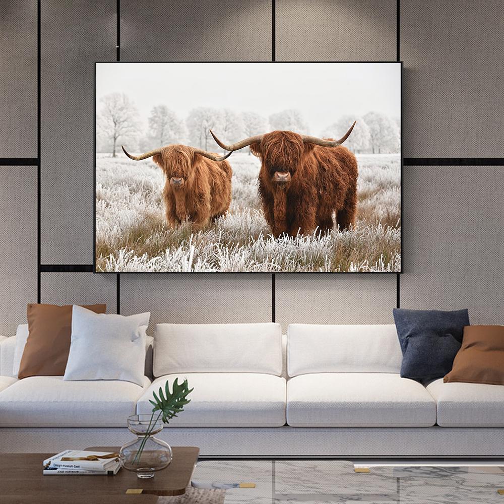 Scottish Highland Brown Cow Painting Canvas Print Poster Rustic Wall Art Farm Animals Picture for Living Room Home Decor Cuadros