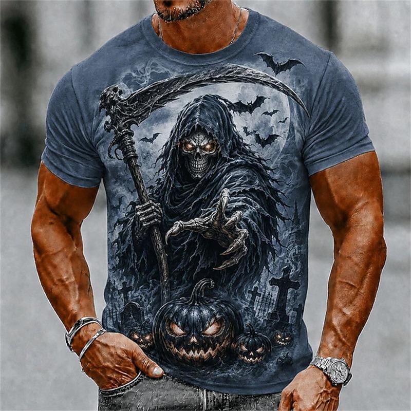 Мужская дышащая модная летняя футболка с круглым вырезом и коротким рукавом Тыква Смерти Летучая мышь и надгробие Хэллоуин Темный Хоррор