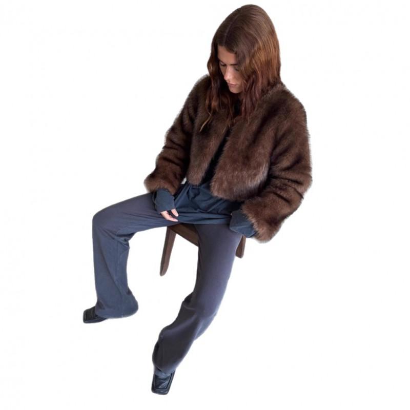 Womens Faux Fur Short Coat With Moon Collar Streetwear Chic Outerwear Brown Long Sleeve Fall 2025
