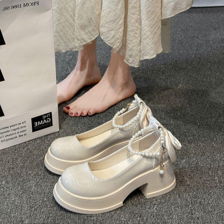 Женские туфли-лодочки 2025 весна и осень новые с бантом французские туфли на высоком толстом каблуке Мэри Джейн платформа маленькие кожаные туфли