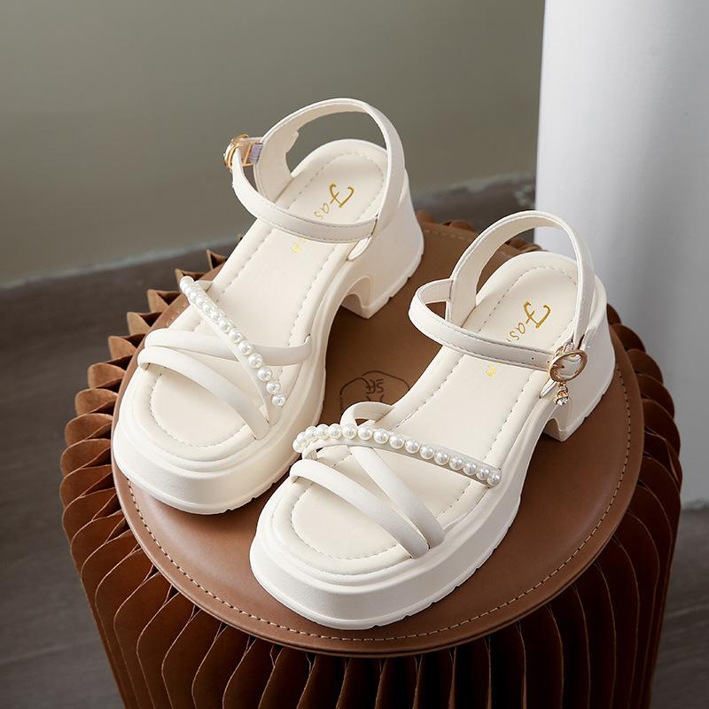 One-word Sandals Women's 2025 New Summer Versatile Skirt Pearl Platform Beach Shoes Women