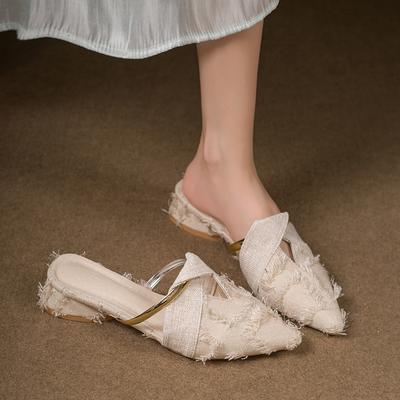 Летние Новые Женские Тапочки Сексуальные Туфли на Каблуке с Острым Носком Туфли-Мюли Дизайнерские 2025 Женские Сандалии Массивные Туфли-Лодочки Сандалии