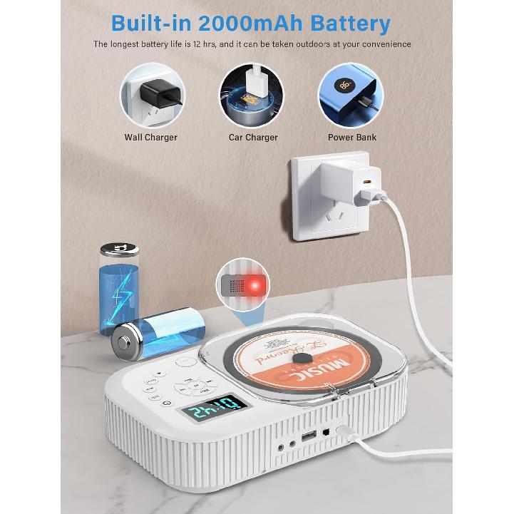 2000mAh CD Player Portable With Bluetooth, Double Speaker,Rechargeable CD Player With FM Radio, AUX/USB Support, Headphone Jack, Removal Control