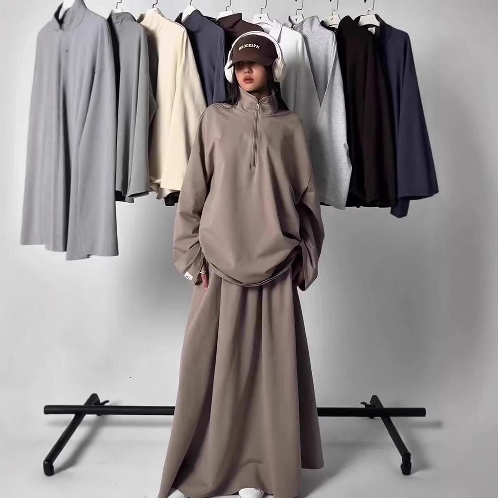 2025 Women's Casual Loose Drapey Half-Zip Top & Skirt Two-Piece Set