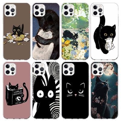Мультяшный Милый Черный Кот Чехол Для Телефона Для iPhone 17 Air 16 15 Pro Max 14 Plus 13 Mini 12 11 Чехол 7 8 SE Силиконовый Чехол Принт Fundas
