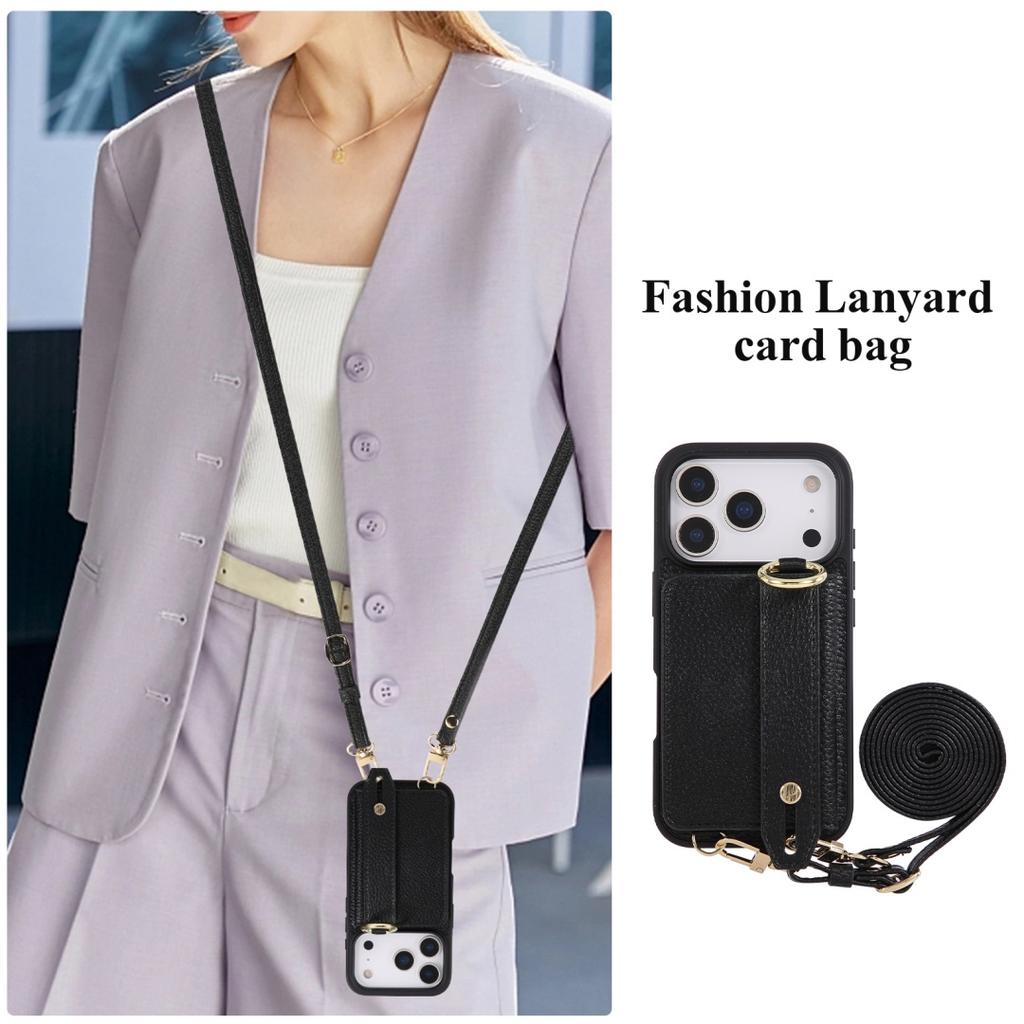 Для iPhone 17 16 15 14 13 12 11 Pro Max Air Case Кожаный кошелек из ПУ с ремешком-держателем Длинный ремешок через плечо с кольцом-застежкой Чехол