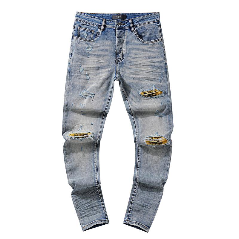 Fashion American High Street Hole & Patch Trendy Retro Straight Ami Denim Pants