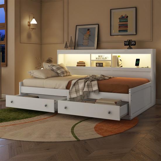 Double Bed High Durability Open Shelves Ambient Light Design Good Load Capacity Built-in Charger Heavy Duty Bedroom Sofa Bed with Drawers for