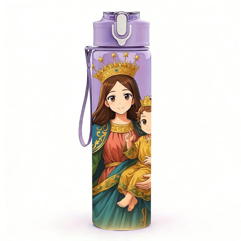 1PC Virgin Mary Holding Baby Jesus Print 750ml Color Plastic Sports Water Bottle Leakproof Flip Straw Lid Suitable for Sports Office Home Use