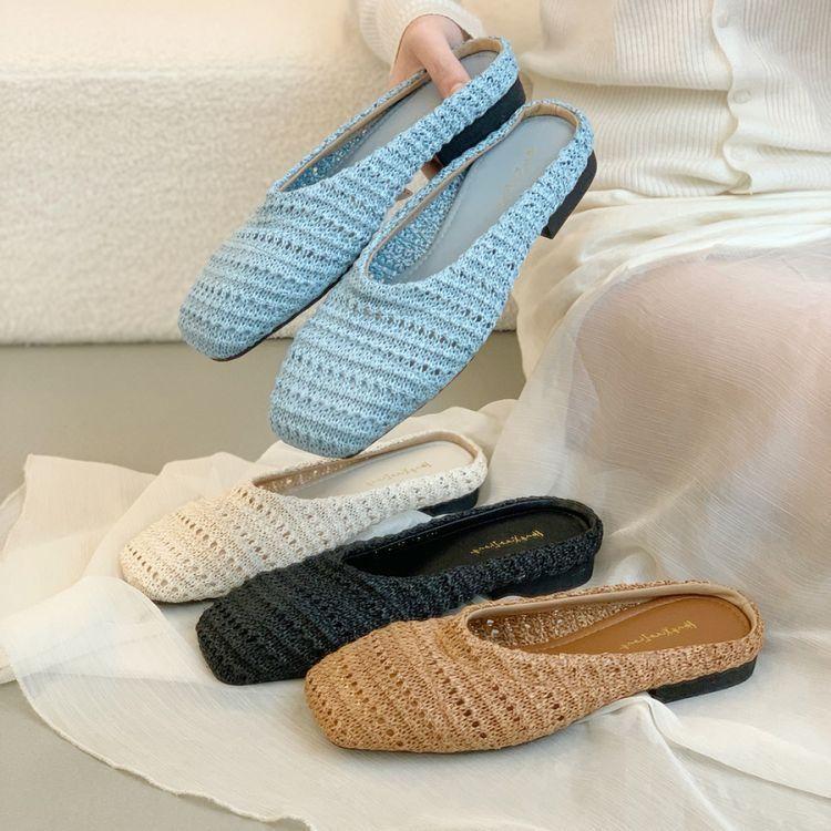 Retro Woven Bag Head Half Slippers Women's Outer Wear 2025 New Summer Vacation Style Blue Pedal Muller Sandals