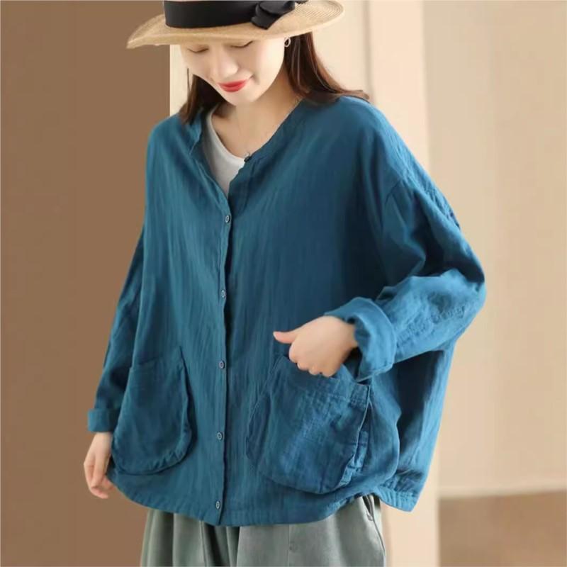 Johnature Женская осенняя однотонная повседневная свободная рубашка с длинными рукавами в стиле ретро, однобортная рубашка с круглым вырезом в винтажном стиле