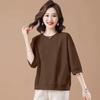 Foreign Trade Clearance 100% Cotton round Neck T-shirt 3/4 Sleeve Loose Slimming Cover Meat Western Style Light Color Spring and Summer Women's Top