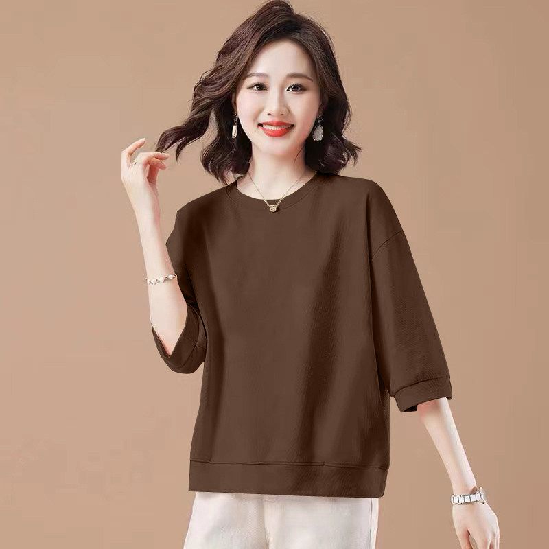 Foreign Trade Clearance 100% Cotton round Neck T-shirt 3/4 Sleeve Loose Slimming Cover Meat Western Style Light Color Spring and Summer Women's Top