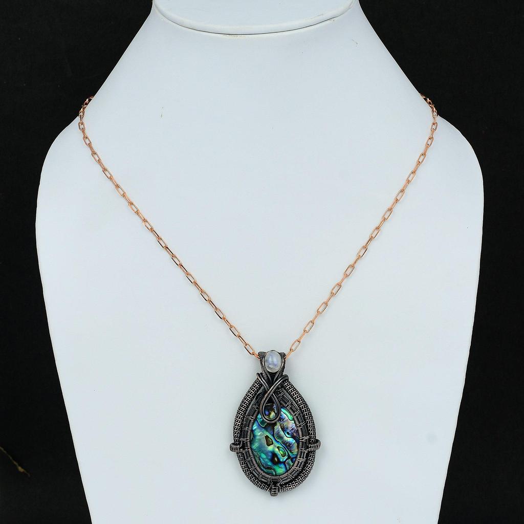 Кулон из раковины абалона, кулон, обмотанный медной проволокой, ювелирное изделие с драгоценным камнем, кулон ручной работы, подарки для нее, медное ювелирное изделие, кулон из радужного лунного камня