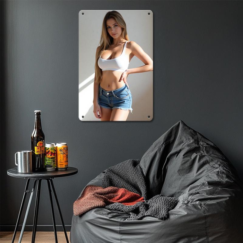 Metal Wall Art Decor Sign Vintage Tin Sign Woman in Denim Shorts
